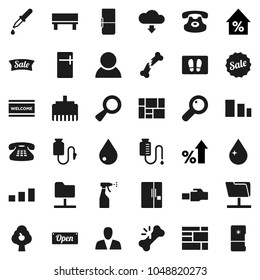 Flat vector icon set - water drop vector, welcome mat, sprayer, percent growth, consolidated cargo, sorting, classic phone, magnifier, dropper, broken bone, counter, network folder, lan connector