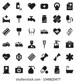 Flat vector icon set - water tap vector, liquid soap, heart pulse, pills vial, buttocks, monitor, first aid kit, doctor bag, ambulance star, crutches, broken bone, patch, bottle, blister, anamnesis