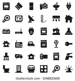 Flat vector icon set - water tap vector, toilet, sink, oven, tv, home, sold signboard, search estate, key, relocation truck, love, fireplace, fridge, building, power plug, iron, dishwasher, hood