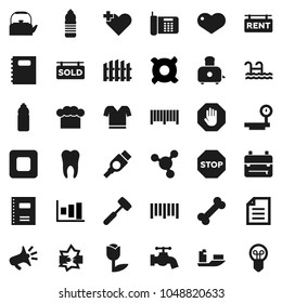Flat vector icon set - water tap vector, kettle, cook hat, meat hammer, toaster, copybook, backpack, document, molecule, graph, any currency, t shirt, bottle, bone, ship, tulip, big scales, barcode