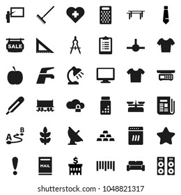 Flat vector icon set - water tap vector, rake, grater, blackboard, corner ruler, drawing compass, table lamp, bank building, tie, gold ingot, diet, clipboard, pills vial, horizontal bar, t shirt