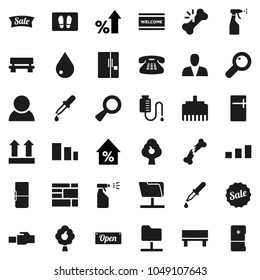 Flat vector icon set - water drop vector, welcome mat, sprayer, percent growth, consolidated cargo, top sign, sorting, classic phone, magnifier, dropper, broken bone, counter, network folder, bench