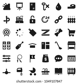Flat vector icon set - water drop vector, window cleaning, ladle, cutting board, mixer, book, schedule, presentation, dollar flag, measuring, jump rope, target, pool, route, dry cargo, no hook, jack