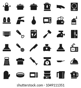 Flat vector icon set - water tap vector, plates, sink, pan, oil, measuring cup, scales, cook hat, apron, glove, whisk, skimmer, knife, meat hammer, hand mill, grater, microwave oven, double boiler