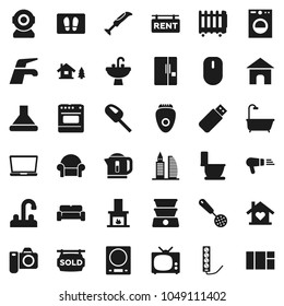 Flat vector icon set - water tap vector, welcome mat, toilet, sink, skimmer, chalet, rent signboard, sold, office building, bath, cushioned furniture, love home, fireplace, fridge, tv, washer, hood