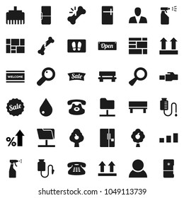 Flat vector icon set - water drop vector, welcome mat, sprayer, percent growth, consolidated cargo, top sign, sorting, classic phone, magnifier, broken bone, counter, network folder, lan connector