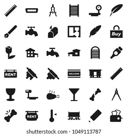 Flat vector icon set - water tap vector, welcome mat, washboard, rolling pin, thermometer, chicken leg, pen, pencil, ruler, drawing compass, Railway carriage, glass, tulip, big scales, hdmi, cottage