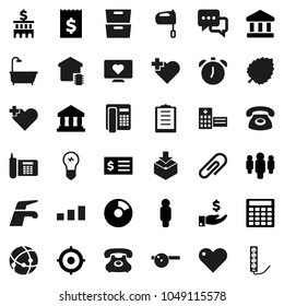 Flat vector icon set - water tap vector, mixer, alarm clock, archive, leaf, bank, pie graph, investment, building, calculator, receipt, target, man, heart monitor, cross, phone, clipboard, package