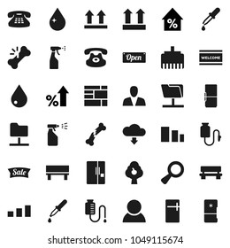 Flat vector icon set - water drop vector, welcome mat, sprayer, percent growth, consolidated cargo, top sign, sorting, classic phone, magnifier, dropper, broken bone, counter, network folder, bench