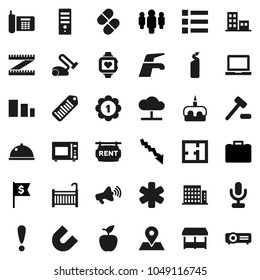 Flat vector icon set - water tap vector, cleaning agent, microwave oven, dish, cake, apple fruit, notebook pc, magnet, crisis, case, man, dollar flag, measuring, medal, heart monitor, map pin, phone