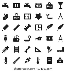 Flat vector icon set - water tap vector, splotch, welcome mat, washboard, thermometer, pen, pencil, corner ruler, drawing compass, glass, tulip, big scales, Railway carriage, hdmi, broken bone, plan