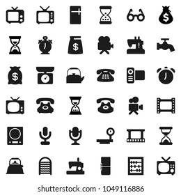 Flat vector icon set - water tap vector, washboard, kettle, glasses, alarm clock, abacus, money bag, sand, phone, big scales, film frame, tv, video camera, microphone, classic, fridge, kitchen