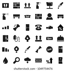 Flat vector icon set - water drop vector, welcome mat, sprayer, percent growth, consolidated cargo, top sign, sorting, classic phone, magnifier, dropper, broken bone, counter, network folder, bench