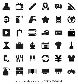 Flat vector icon set - water tap vector, scoop, towel, car fetlock, liquid soap, sprayer, cleaner woman, rolling pin, grater, mushroom, ruler, case, archive, wallet, yen sign, measuring, pills vial