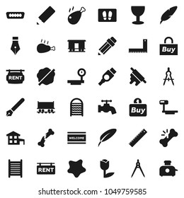 Flat vector icon set - water tap vector, splotch, welcome mat, washboard, rolling pin, chicken leg, pen, pencil, corner ruler, drawing compass, Railway carriage, glass, tulip, big scales, hdmi, buy
