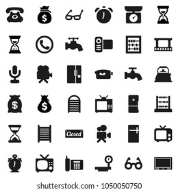 Flat vector icon set - water tap vector, washboard, kettle, glasses, alarm clock, abacus, money bag, sand, phone, big scales, film frame, tv, video camera, microphone, fridge, closed, kitchen