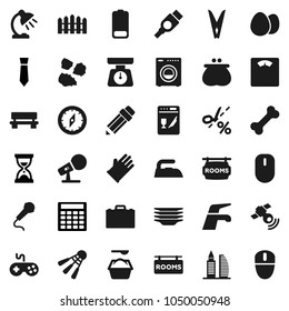 Flat vector icon set - water tap vector, clothespin, iron, washing powder, rubber glove, plates, garbage pile, scales, egg, pencil, case, table lamp, compass, calculator, sand clock, tie, bone, hdmi