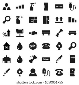 Flat vector icon set - water drop vector, welcome mat, sprayer, percent growth, consolidated cargo, top sign, sorting, classic phone, magnifier, dropper, broken bone, counter, network folder, bench
