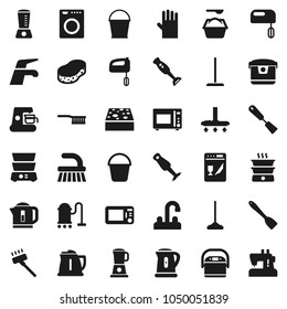 Flat vector icon set - water tap vector, vacuum cleaner, fetlock, mop, bucket, sponge, washing powder, rubber glove, kettle, spatula, microwave oven, double boiler, blender, washer, dishwasher
