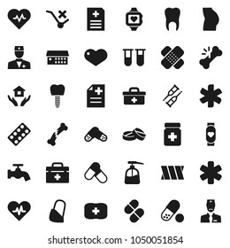 Flat vector icon set - water tap vector, liquid soap, house hold, heart pulse, buttocks, pills, monitor, first aid kit, no trolley, doctor bag, ambulance star, vial, crutches, broken bone, patch
