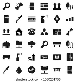 Flat vector icon set - water drop vector, welcome mat, sprayer, percent growth, consolidated cargo, top sign, sorting, classic phone, magnifier, dropper, broken bone, counter, network folder, bench