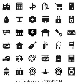Flat vector icon set - water drop vector, window cleaning, shower, ladle, mixer, bbq, backpack, calculator, target, calendar, monitor dollar, measuring, jump rope, shorts, route, warehouse, speaker