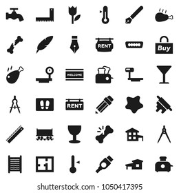 Flat vector icon set - water tap vector, splotch, welcome mat, washboard, rolling pin, thermometer, chicken leg, pen, pencil, corner ruler, drawing compass, Railway carriage, glass, tulip, hdmi, buy