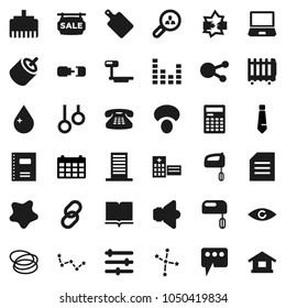 Flat vector icon set - water drop vector, splotch, cutting board, mushroom, book, copybook, calculator, document, constellation, tie, calendar, hoop, gymnast rings, big scales, speaker, equalizer