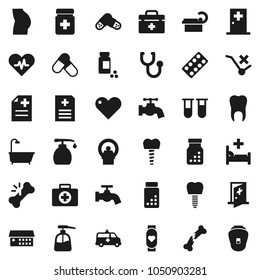 Flat vector icon set - water tap vector, liquid soap, pills vial, buttocks, heart monitor, first aid kit, no trolley, doctor bag, pulse, broken bone, stethoscope, bottle, blister, anamnesis, tooth
