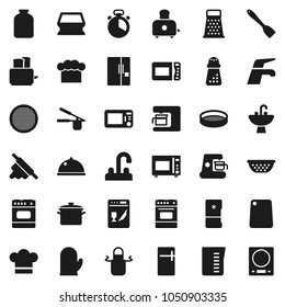 Flat vector icon set - water tap vector, sponge, sink, pan, colander, measuring cup, cook hat, apron, glove, timer, press, spatula, rolling pin, cutting board, hand mill, grater, toaster, sieve, jar