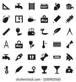 Flat vector icon set - water tap vector, welcome mat, washboard, rolling pin, thermometer, chicken leg, pen, pencil, corner ruler, drawing compass, glass, tulip, big scales, hdmi, broken bone, plan