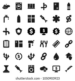 Flat vector icon set - water drop vector, car fetlock, window cleaning, washer, shining, blender, exchange, dollar medal, monitor, bottle, route, internet, ambulance star, gender sign, pills blister