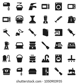 Flat vector icon set - water tap vector, vacuum cleaner, bucket, sponge, car fetlock, washing powder, kettle, spatula, microwave oven, double boiler, blender, fridge, washer, mixer, coffee maker