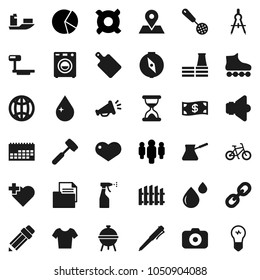 Flat vector icon set - water drop vector, sprayer, skimmer, meat hammer, cutting board, turk coffee, bbq, pencil, drawing compass, pen, pie graph, man, any currency, bike, t shirt, roller Skates