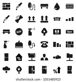 Flat vector icon set - water drop vector, welcome mat, sprayer, percent growth, consolidated cargo, top sign, sorting, classic phone, dropper, broken bone, counter, network folder, lan connector