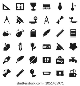 Flat vector icon set - water tap vector, splotch, welcome mat, washboard, rolling pin, thermometer, chicken leg, pen, corner ruler, drawing compass, Railway carriage, glass, tulip, big scales, hdmi