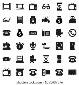 Flat vector icon set - water tap vector, washboard, kettle, glasses, alarm clock, abacus, money bag, sand, phone, big scales, film frame, video camera, microphone, classic, fridge, tv, closed