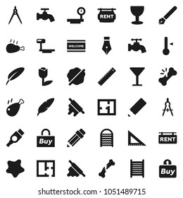 Flat vector icon set - water tap vector, splotch, welcome mat, washboard, rolling pin, thermometer, chicken leg, pen, pencil, corner ruler, drawing compass, glass, tulip, big scales, hdmi, plan, buy
