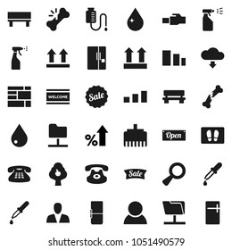 Flat vector icon set - water drop vector, welcome mat, sprayer, percent growth, consolidated cargo, top sign, sorting, classic phone, magnifier, dropper, broken bone, counter, network folder, bench