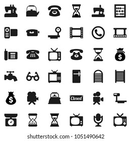 Flat vector icon set - water tap vector, washboard, kettle, glasses, abacus, money bag, sand clock, phone, big scales, film frame, tv, video camera, microphone, classic, closed, fridge, kitchen