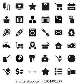 Flat vector icon set - water tap vector, cleaner woman, skimmer, turk coffee, backpack, exchange, pie graph, cash, manager, annual report, scales, fitball, skateboard, calendar, heart monitor, cargo