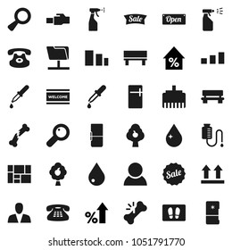 Flat vector icon set - water drop vector, welcome mat, sprayer, percent growth, consolidated cargo, top sign, sorting, classic phone, magnifier, dropper, broken bone, counter, network folder, bench