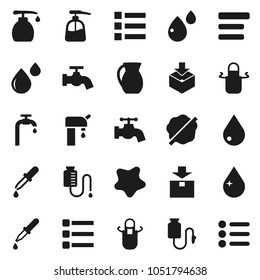 Flat vector icon set - water drop vector, tap, splotch, liquid soap, apron, jug, package, dropper, blood, counter, menu, supply