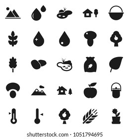 Flat vector icon set - water drop vector, camping cauldron, thermometer, cereal, mushroom, potato, leaf, diet, cereals, blood, chalet, pond, fruit tree, mountain, flower in pot