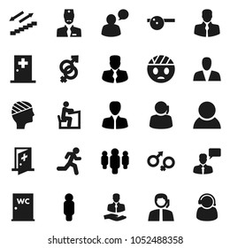 Flat vector icon set - water closet vector, student, manager, man, stairways run, support, client, speaking, gender sign, eye doctor hat, head bandage, medical room, consumer