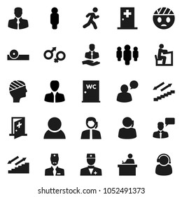 Flat vector icon set - water closet vector, student, manager, man, stairways run, support, client, speaking, doctor, gender sign, eye hat, head bandage, medical room, consumer