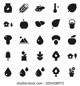 Flat vector icon set - water drop vector, camping cauldron, thermometer, cereal, mushroom, potato, leaf, diet, cereals, blood, chalet, pond, fruit tree, mountain, flower in pot