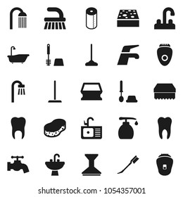 Flat vector icon set - water tap vector, fetlock, mop, sponge, car, bath, toilet brush, liquid soap, paper, shower, sink, tooth, epilator