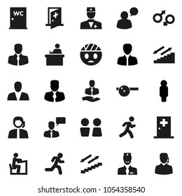 Flat vector icon set - water closet vector, student, manager, man, stairways run, support, client, speaking, doctor, gender sign, eye hat, head bandage, medical room, consumer