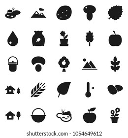 Flat vector icon set - water drop vector, camping cauldron, thermometer, cereal, mushroom, potato, leaf, diet, cereals, chalet, pond, fruit tree, mountain, flower in pot